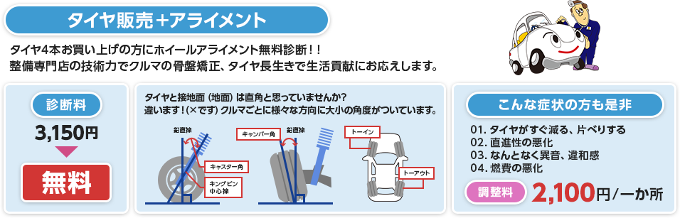 ATAでタイヤ交換をすると4本お買い上げで 「ホイールアライメント診断無料」 ホイールアライメントとは車とタイヤの取り付け角度